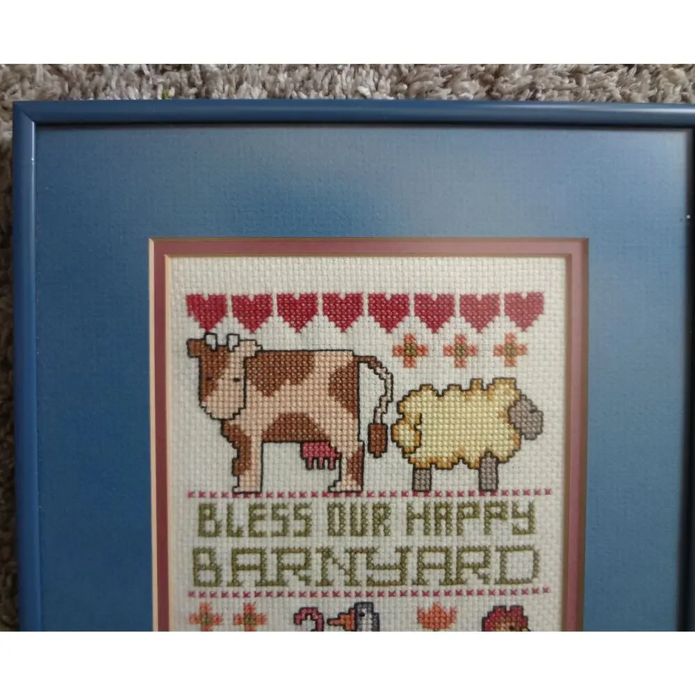 Vintage 90s Framed Sign Cross Stitch Needlepoint Handmade Barn Animals Farm